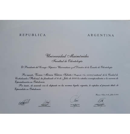 Especialidad en Ortodoncia y Ortopedia Dentofacial<br>Universidad Maimonides Buenos Aires Argentina.