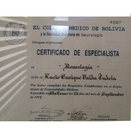 Especialista en Neurología - Colegio Médico de Bolivia - 1997