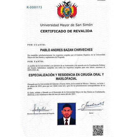 Diploma de Especialización en Cirugía Oral y Maxilofacial - Universidad Mayor de San Simón