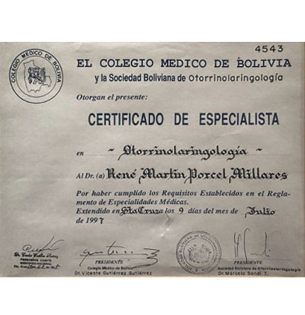 Certificación Colegio Médico de Bolivia y Sociedad Boliviana de Otorrinolaringología